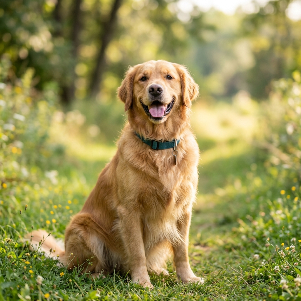 Happy golden retriever cared for with natural nutrition