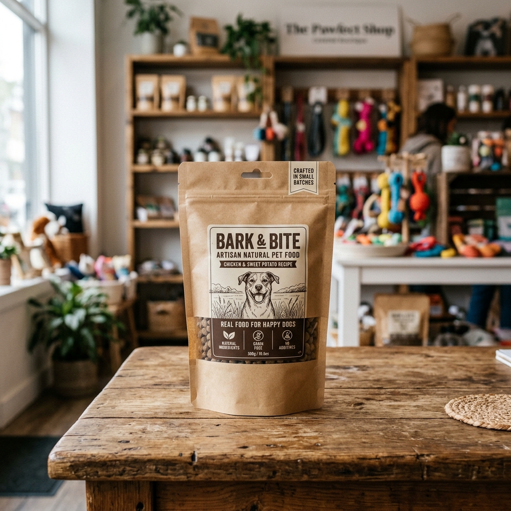 Grain-free natural recipe dog food bag in kraft packaging