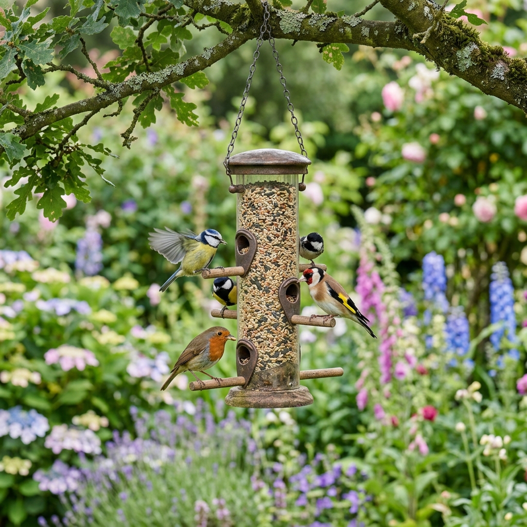 Garden bird feeder with wild birds feeding on premium seeds